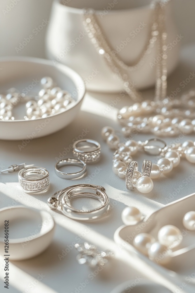 Elegant display of pearls and silver jewelry on soft, sunlit surface Elegant display of pearls and silver jewelry on soft, sunlit surface