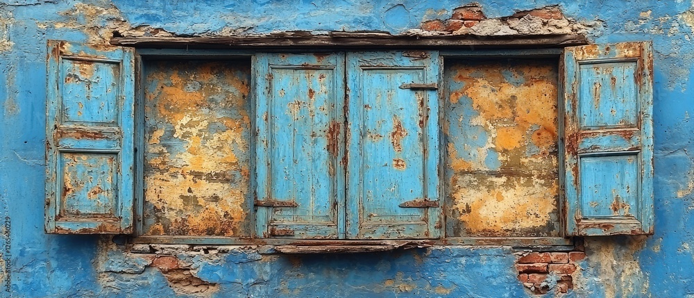 Naklejka premium Aged blue shutters on crumbling wall