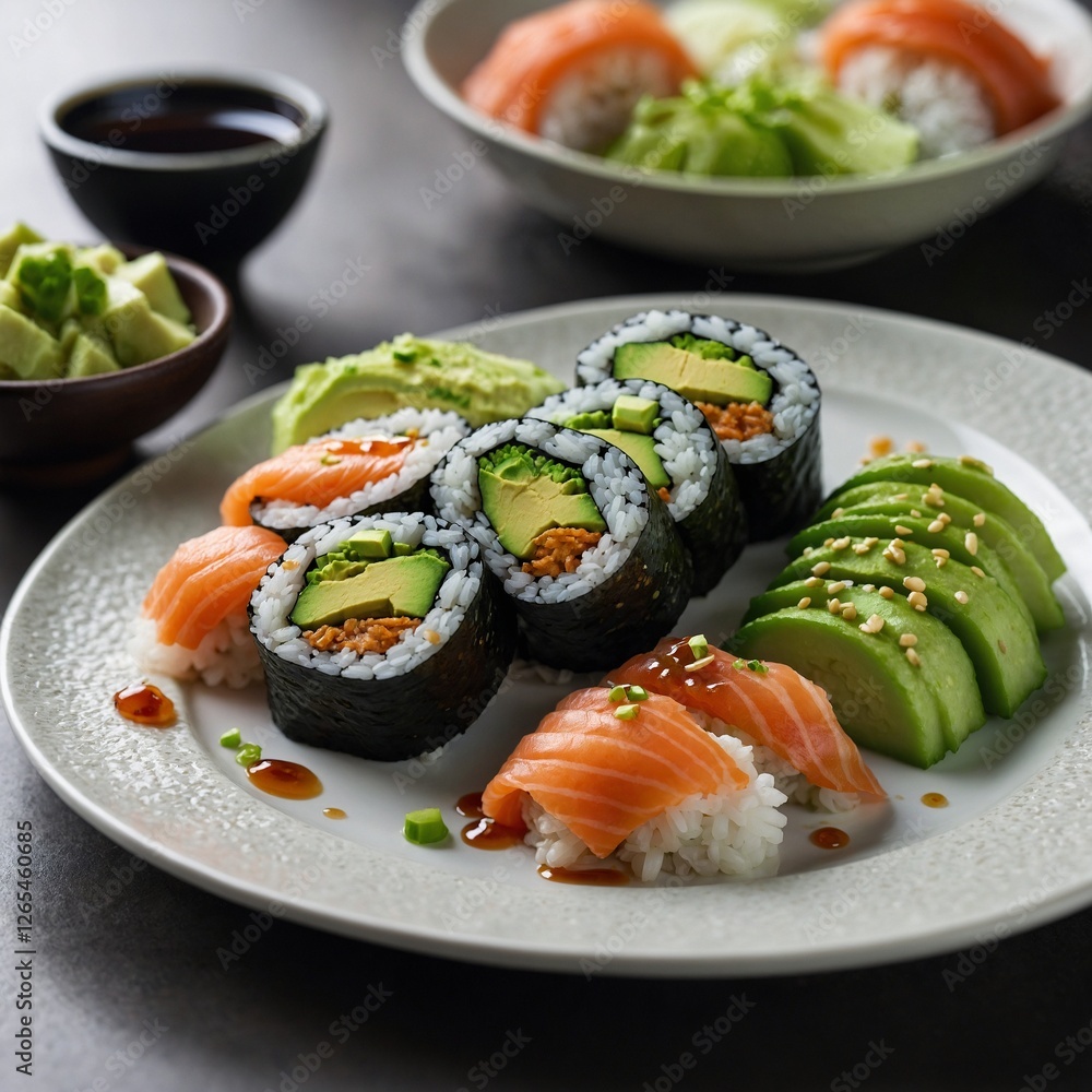 This is a plate of vegetarian sushi rolls filled with tofu, cucumber, and carrot, sitting on a bamboo mat Contemporary Maki Roll on Elegant Black Plate This is a plate of vegetarian sushi rolls filled with tofu, cucumber, and carrot, sitting on a bamboo mat Contemporary Maki Roll on Elegant Black Plate