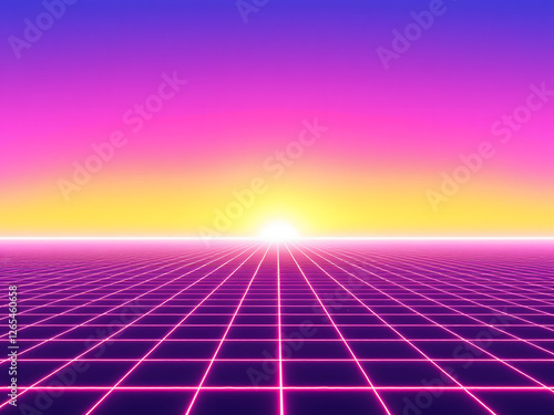 Wallpaper Mural Retro-futuristic grid with neon sunset, vibrant purple and pink gradient, digital art. Torontodigital.ca