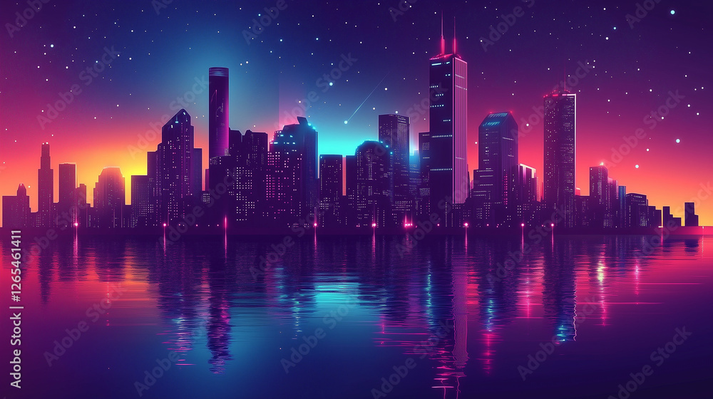 A stylized 3D vector illustration of a city skyline silhouette in vibrant colors, placed against a dark gradient night sky background with glowing stars, with copy space. Bright glowing lighting. A stylized 3D vector illustration of a city skyline silhouette in vibrant colors, placed against a dark gradient night sky background with glowing stars, with copy space. Bright glowing lighting.