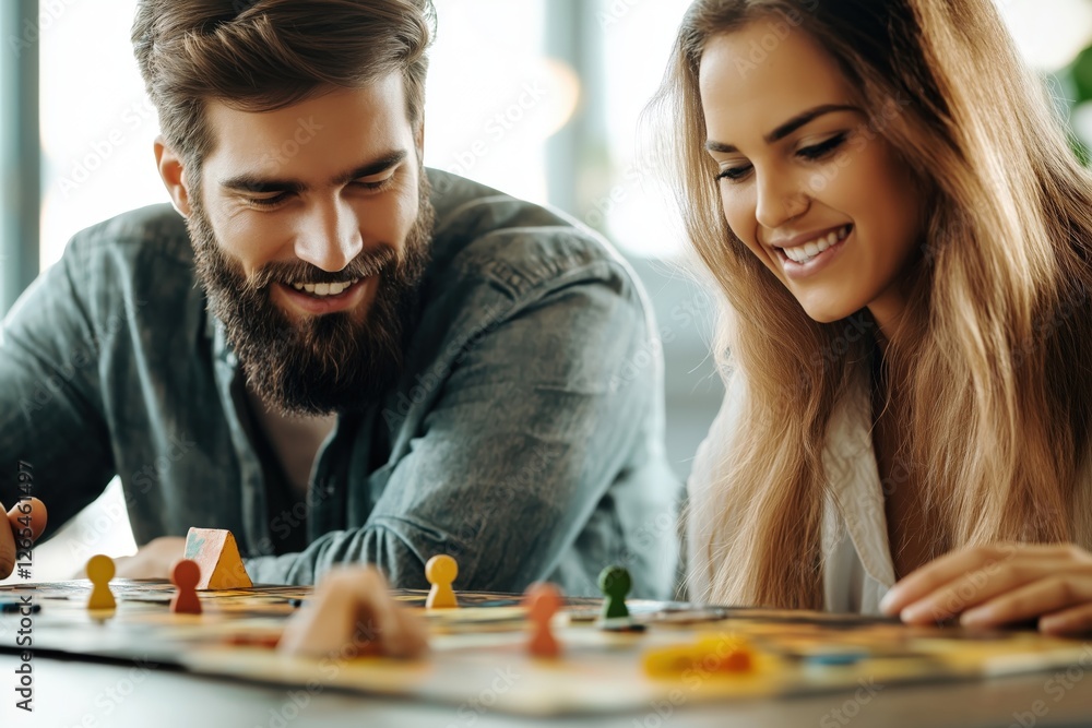 Fototapeta premium A couple playing a board game together at home, smiling and enjoying a fun and engaging moment