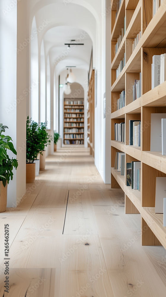 Fototapeta premium cozy family owned bookstore featuring wooden shelves, plants, and serene atmosphere. warm wooden floor and bright lighting create inviting space for readers
