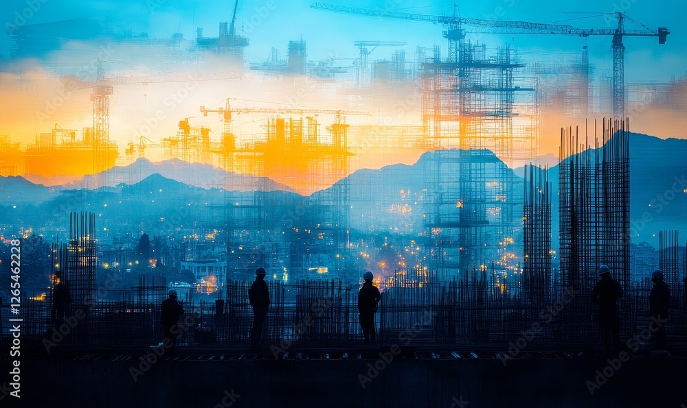 Obraz premium Double Exposure Construction Site with Workers and Cranes at Dusk, Blue and Orange Theme Illustrating Progress and Growth, Generative AI