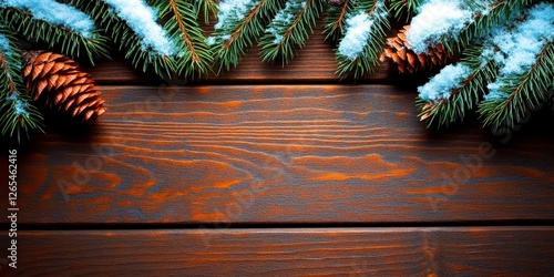 Snowy Pine Branches and Cones on Rustic Wooden Background