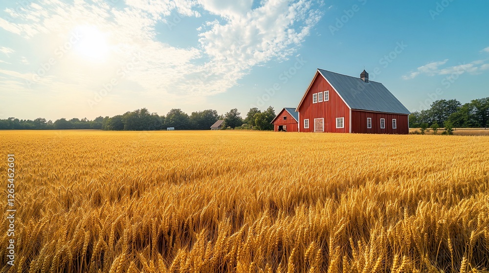 Serene rural landscape featuring a red barn amidst golden wheat fields under a clear sky Serene rural landscape featuring a red barn amidst golden wheat fields under a clear sky