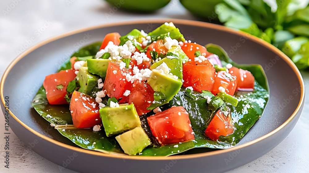 Fresh Avocado and Tomato Salad with Feta Cheese Crumbles in a Dark Bowl Healthy Food Fresh Avocado and Tomato Salad with Feta Cheese Crumbles in a Dark Bowl Healthy Food