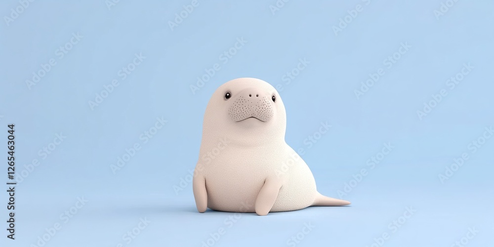 Adorable Manatee Calf: A charming 3D rendering of a baby manatee, showcasing its soft, light-colored skin and endearingly curious expression against a serene light-blue background. Adorable Manatee Calf: A charming 3D rendering of a baby manatee, showcasing its soft, light-colored skin and endearingly curious expression against a serene light-blue background.
