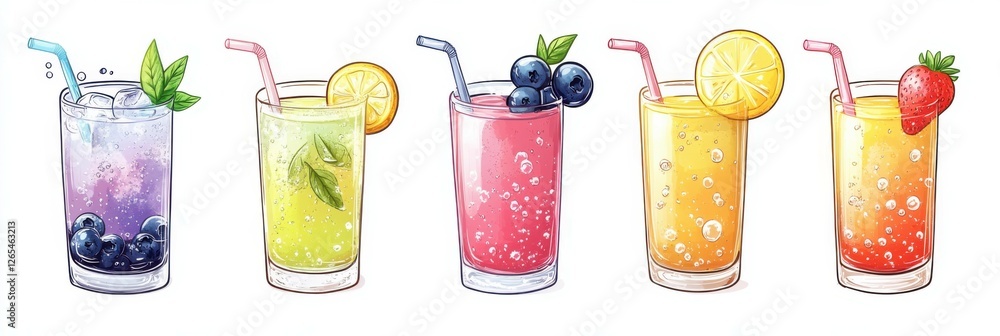 Fototapeta premium Italian Soda Fruit Drink Mix with Lemon, Blueberry, Strawberry, Peach, and Yuzu Orange Flavors. Refreshing Summer Beverage Set Isolated on White Background
