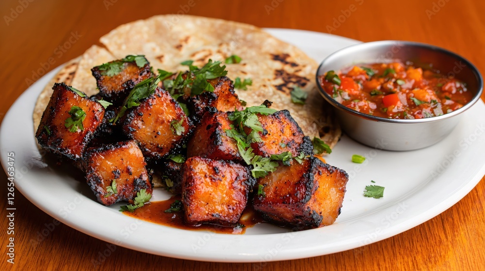Delicious pork belly cubes served with warm flatbread and fresh salsa on a white plate Delicious pork belly cubes served with warm flatbread and fresh salsa on a white plate