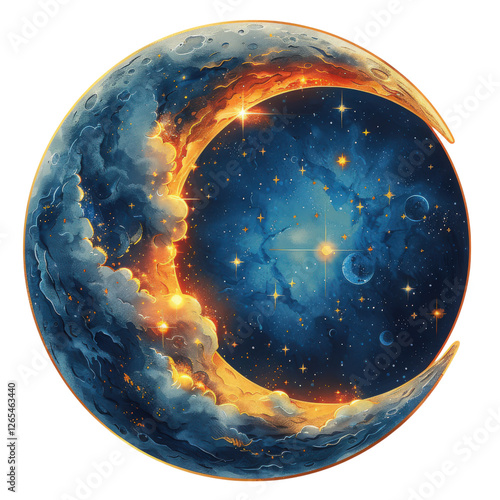 Elegant Lunar Crescent with Space Elements | Digital Art PNG