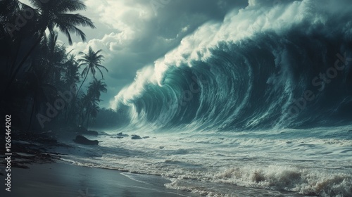 A coastal view of a massive tsunami triggered by an earthquake, with giant waves rushing towards the land and flooding the beach.