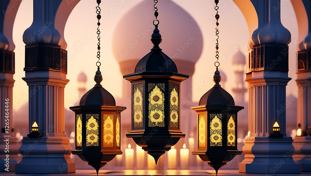 Ornate Islamic Lanterns Illuminate a Mosque at Dusk Ornate Islamic Lanterns Illuminate a Mosque at Dusk