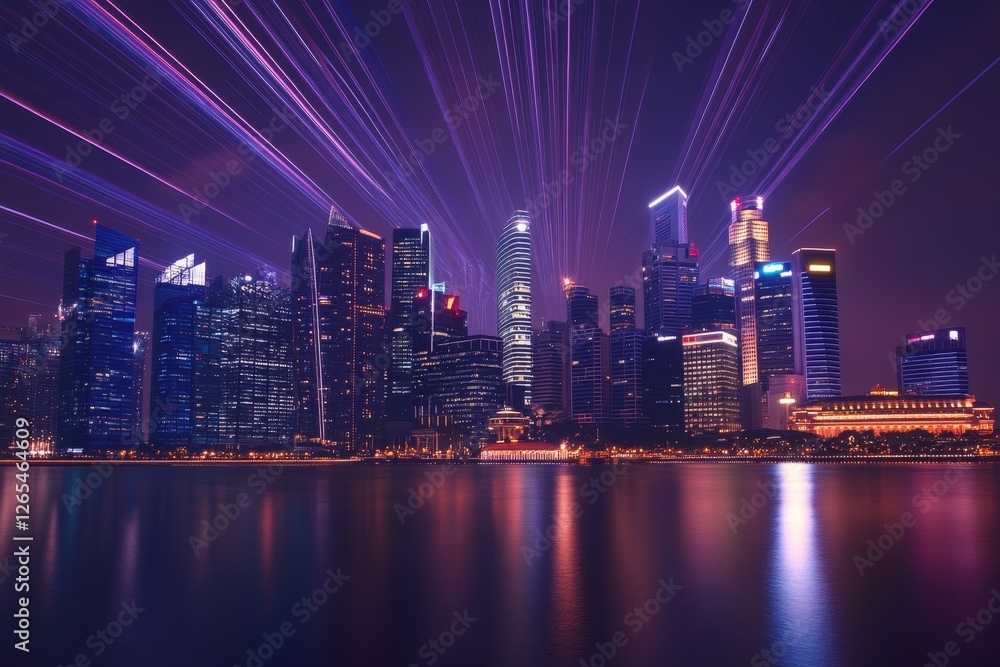 Fototapeta premium Futuristic skyline representing global financial capitals, connected by light trails in the sky.