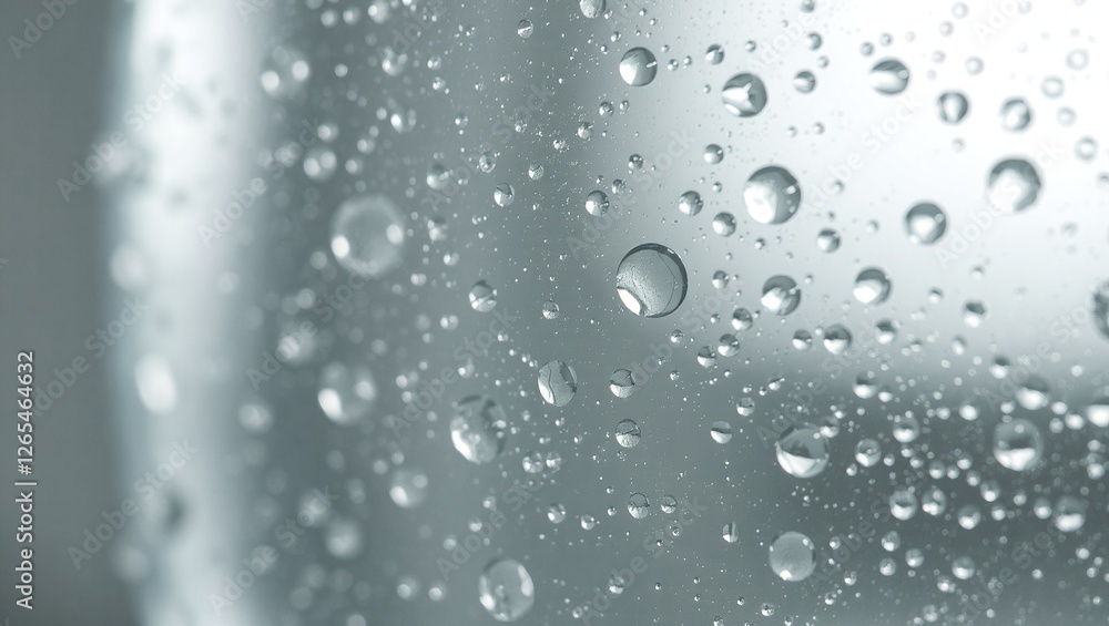 Close-up of fresh water droplets on a glass surface, reflecting light in a soft and minimalistic composition. Close-up of fresh water droplets on a glass surface, reflecting light in a soft and minimalistic composition.
