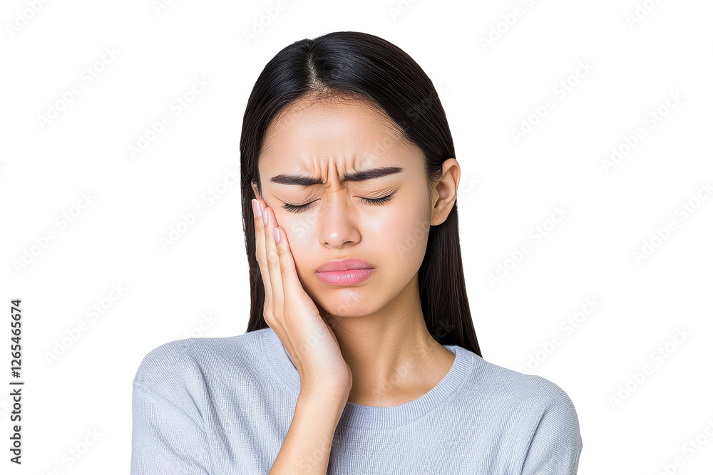 Unhealthy woman with a pained expression, holding cheek, suffering from toothache, periodontal disease, cavities, or jaw pain, isolated on transparent background Unhealthy woman with a pained expression, holding cheek, suffering from toothache, periodontal disease, cavities, or jaw pain, isolated on transparent background