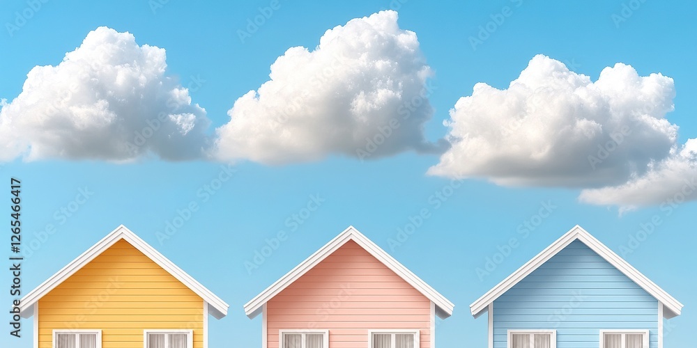 Pastel Dreams: Three charming little houses, painted in soft pastel colors, stand in a row against a vibrant blue sky adorned with fluffy white clouds, creating a whimsical and inviting scene. Pastel Dreams: Three charming little houses, painted in soft pastel colors, stand in a row against a vibrant blue sky adorned with fluffy white clouds, creating a whimsical and inviting scene.