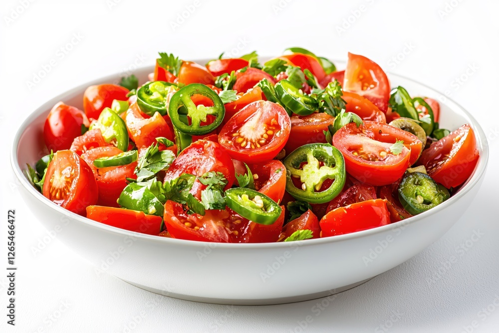 Fresh Tomato and Jalapeno Salad in a White Bowl on a White Background Healthy and Delicious Fresh Tomato and Jalapeno Salad in a White Bowl on a White Background Healthy and Delicious