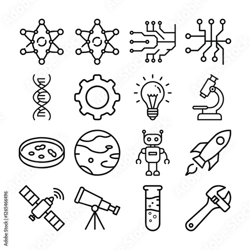 A collection of simple, black line icons representing various scientific and technological concepts, including chemistry, biology, engineering, astronomy, and robotics.