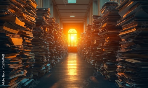 Document Lifecycle Management Visualization, Stacks of Papers in a Corridor During Sunset Depicting Information Overload, Organization, and Archiving, Generative AI