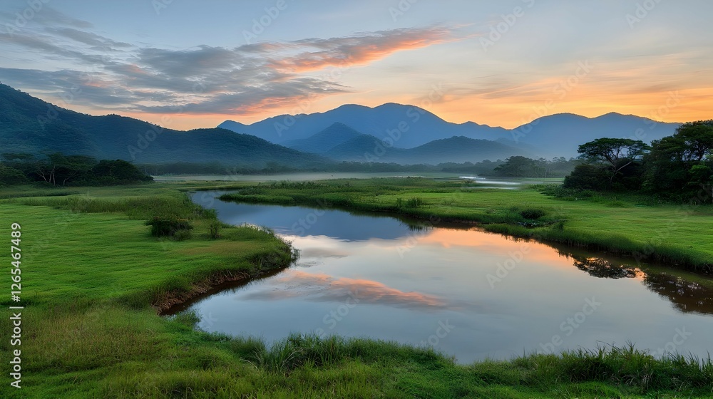 Serene River Landscape at Sunset with Mountain Reflection Serene River Landscape at Sunset with Mountain Reflection