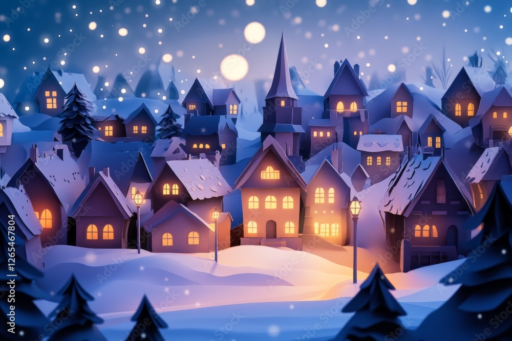 Winter village in layered paper style, with snowy rooftops and glowing street lamps. Winter village in layered paper style, with snowy rooftops and glowing street lamps.