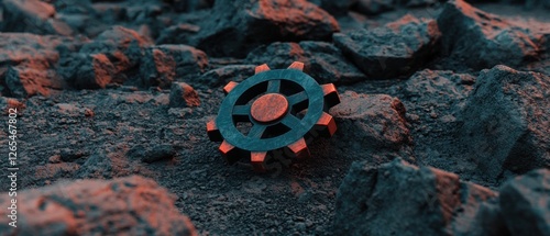 A black and red gear is sitting on a pile of rocks photo