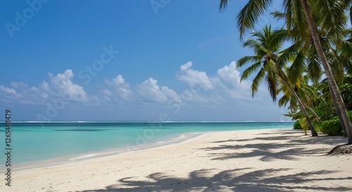 Fototapeta Naklejka Na Ścianę i Meble -  Idyllic Tropical Beach Scene with Palm Trees and Turquoise Water