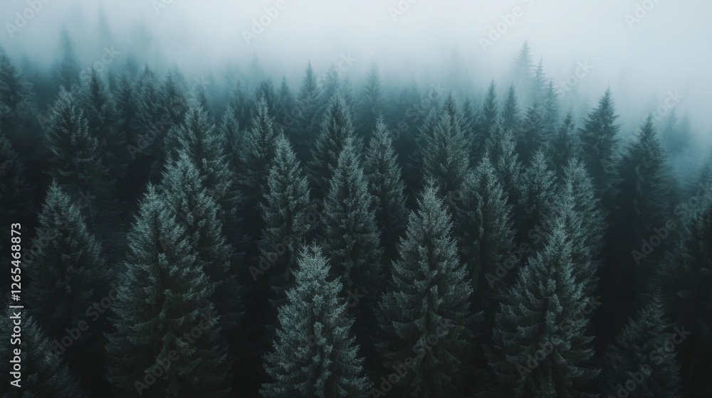 Foggy mountain forest, aerial view, misty trees, serene nature Foggy mountain forest, aerial view, misty trees, serene nature