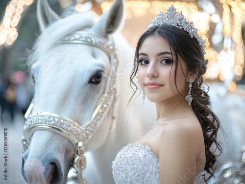 Quinceanera Celebrating a Special Moment Beside a Beautiful White Horse at Her Celebration Venue