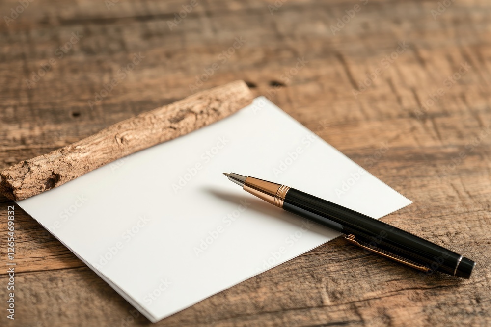 Blank Paper and Elegant Pen on Rustic Wooden Desk for Creative Writing
