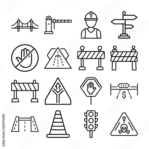 Set of Black and White Line Icons Depicting Road Construction and Traffic Management.