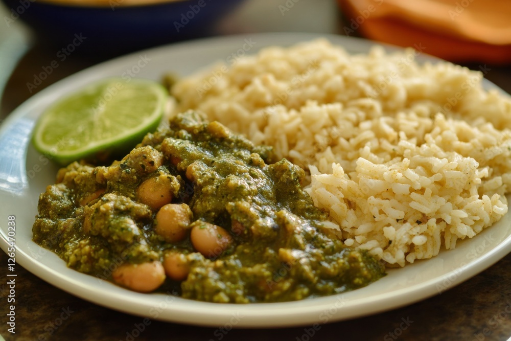 Chili Verde Delight: Authentic Mexican Dish with Rice, Beans and Green Sauce Chili Verde Delight: Authentic Mexican Dish with Rice, Beans and Green Sauce