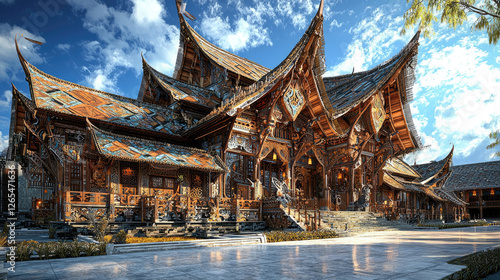 Majestic traditional wooden architecture with intricate carvings under a bright blue sky