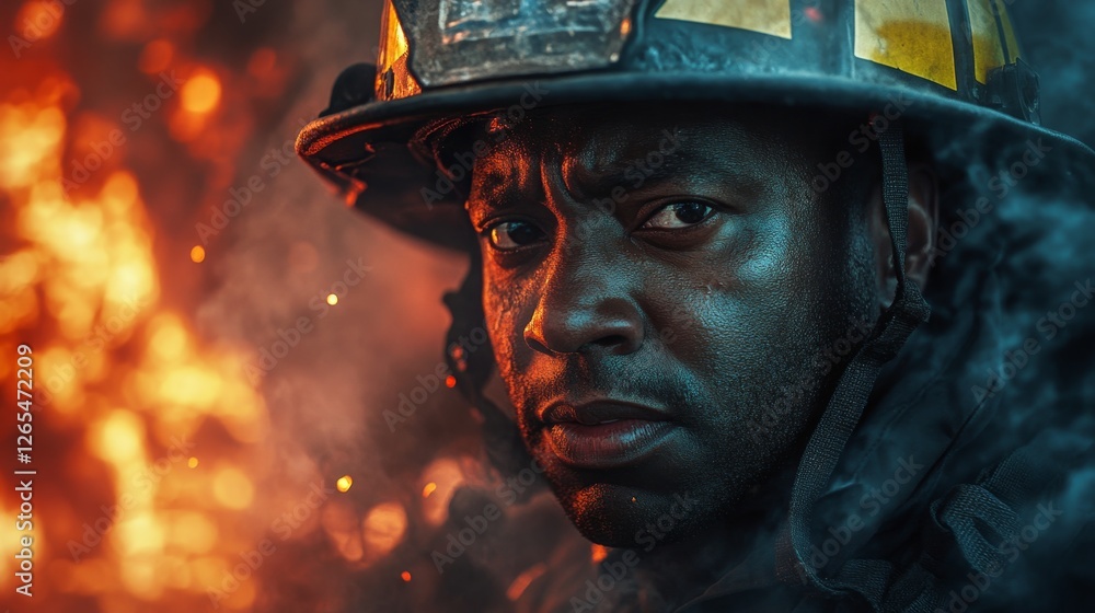 firefighter emerging from smoke, determined expression, glowing embers in the background, ultra-detailed, dramatic lighting firefighter emerging from smoke, determined expression, glowing embers in the background, ultra-detailed, dramatic lighting