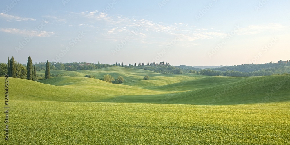 Obraz premium Tuscan Hills in Dawn's Embrace: A panoramic view of rolling hills bathed in the soft light of dawn, creating a mesmerizing tapestry of green hues and gentle slopes that stretch into the horizon.