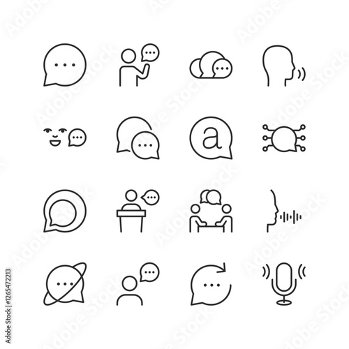 Communication and Speech, linear style icon set. Messaging, dialogue, voice interaction, and public speaking. Conversations, feedback loops, and international communication. Editable stroke width