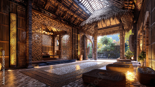 Serene interior of a tropical villa featuring intricate wooden designs and natural light