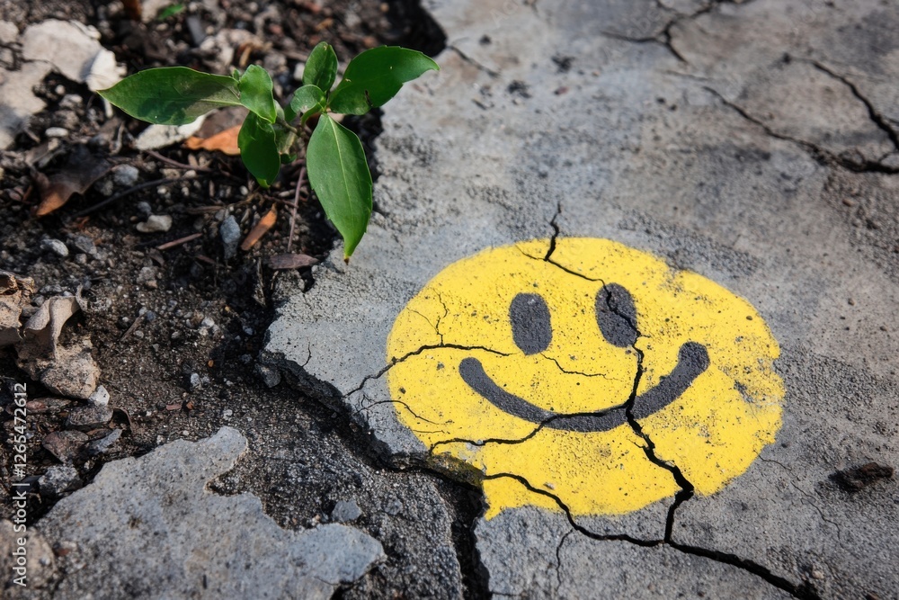 Naklejka premium Cracked Happiness: A vibrant yellow smiley face on broken concrete, symbolizing resilience and joy amidst decay.