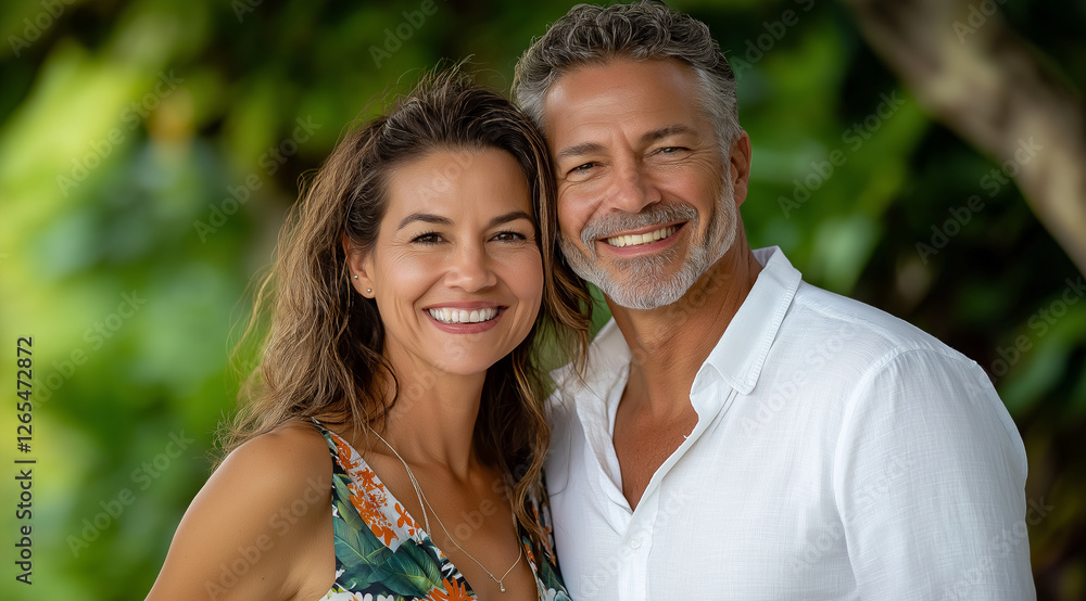A photo of an attractive middle-aged couple smiling and posing for the camera in front of beautiful greenery. They both have brown hair with blonde highlights. She is wearing a flo A photo of an attractive middle-aged couple smiling and posing for the camera in front of beautiful greenery. They both have brown hair with blonde highlights. She is wearing a flo