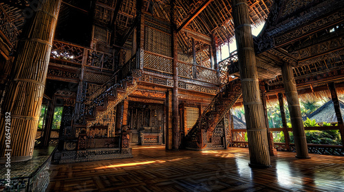 Intricate wooden interior of a traditional house showcasing ornate carvings and staircases