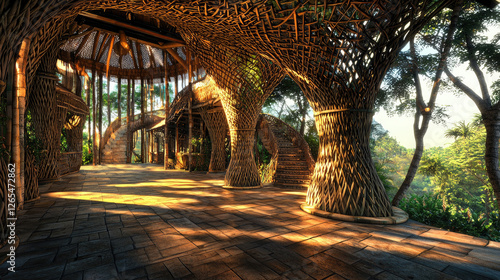 Serene bamboo structure in a lush forest, showcasing intricate design and natural light