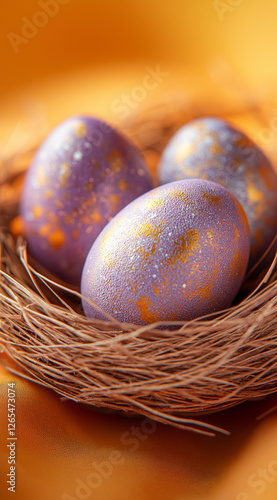 A nest with three painted Easter eggs, on an orange background, in the foreground, with light and shadow effects. This is a commercial photography image, high resolution, product s photo