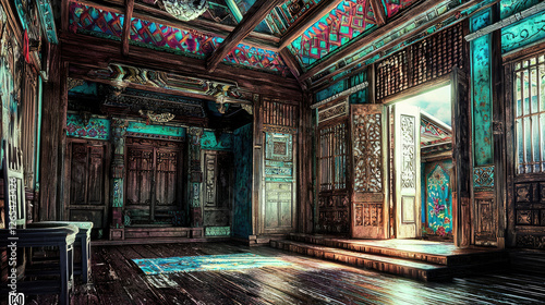 Intricate wooden interior of a traditional room with colorful decorations and open doors
