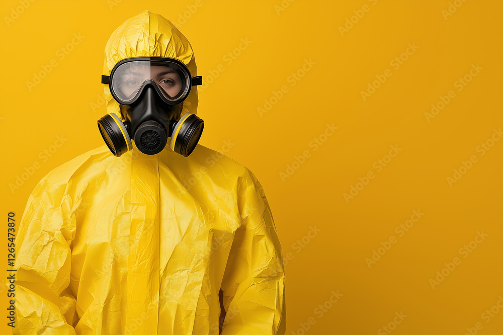 Protective suit with gas mask on plain yellow background, symbolizing safety and contamination prevention. image conveys sense of urgency and caution in hazardous environments Protective suit with gas mask on plain yellow background, symbolizing safety and contamination prevention. image conveys sense of urgency and caution in hazardous environments