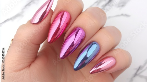 Nail Fashion manicure unique concept. Asymmetrical Holographic Stiletto Nails in Vibrant Metallic Hues