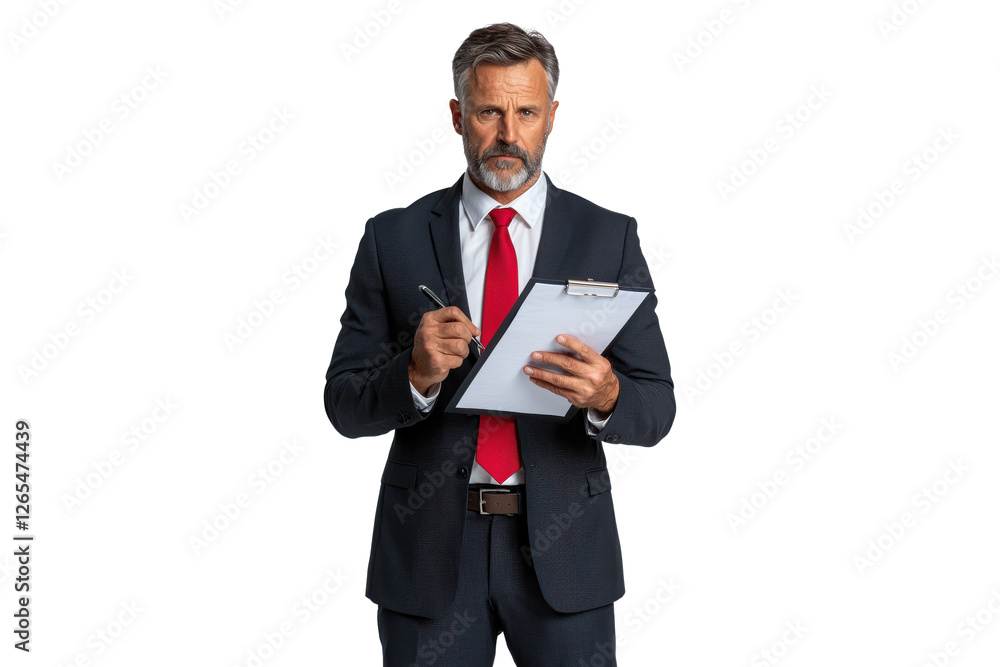 PNG Businessman in a blue suit reviewing documents on a clipboard PNG Businessman in a blue suit reviewing documents on a clipboard