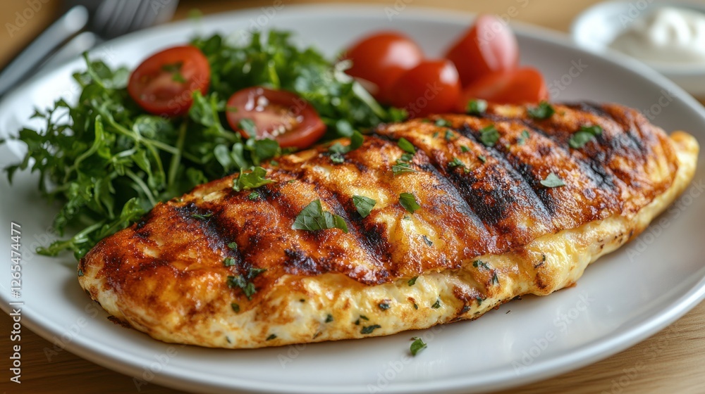 Grilled omelette, salad, breakfast, wood table Grilled omelette, salad, breakfast, wood table