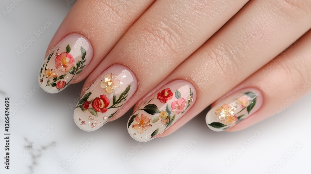 Nail Fashion manicure unique concept. Elegant Floral Encapsulated Nails with Transparent Design Nail Fashion manicure unique concept. Elegant Floral Encapsulated Nails with Transparent Design