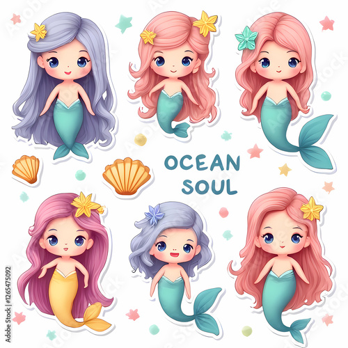 Adorable Cartoon Mermaid Stickers Six Cute Ocean Girls with Long Hair Shells and Stars photo